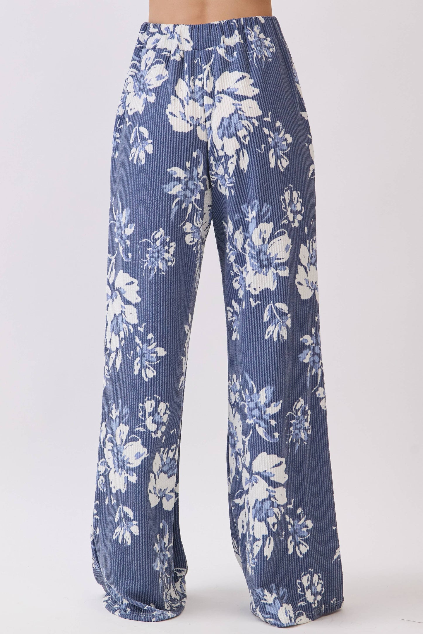 Floral Rib Knit Wide-Leg Pants BLUE