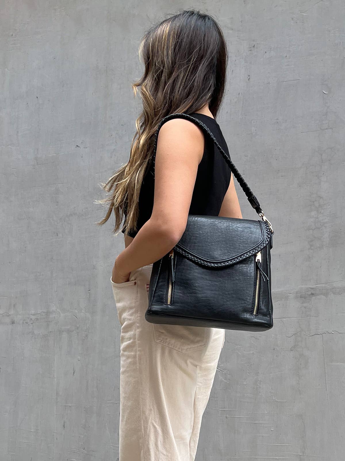 Lorelei Double Zip Crossbody – Whipstitch Trim Black