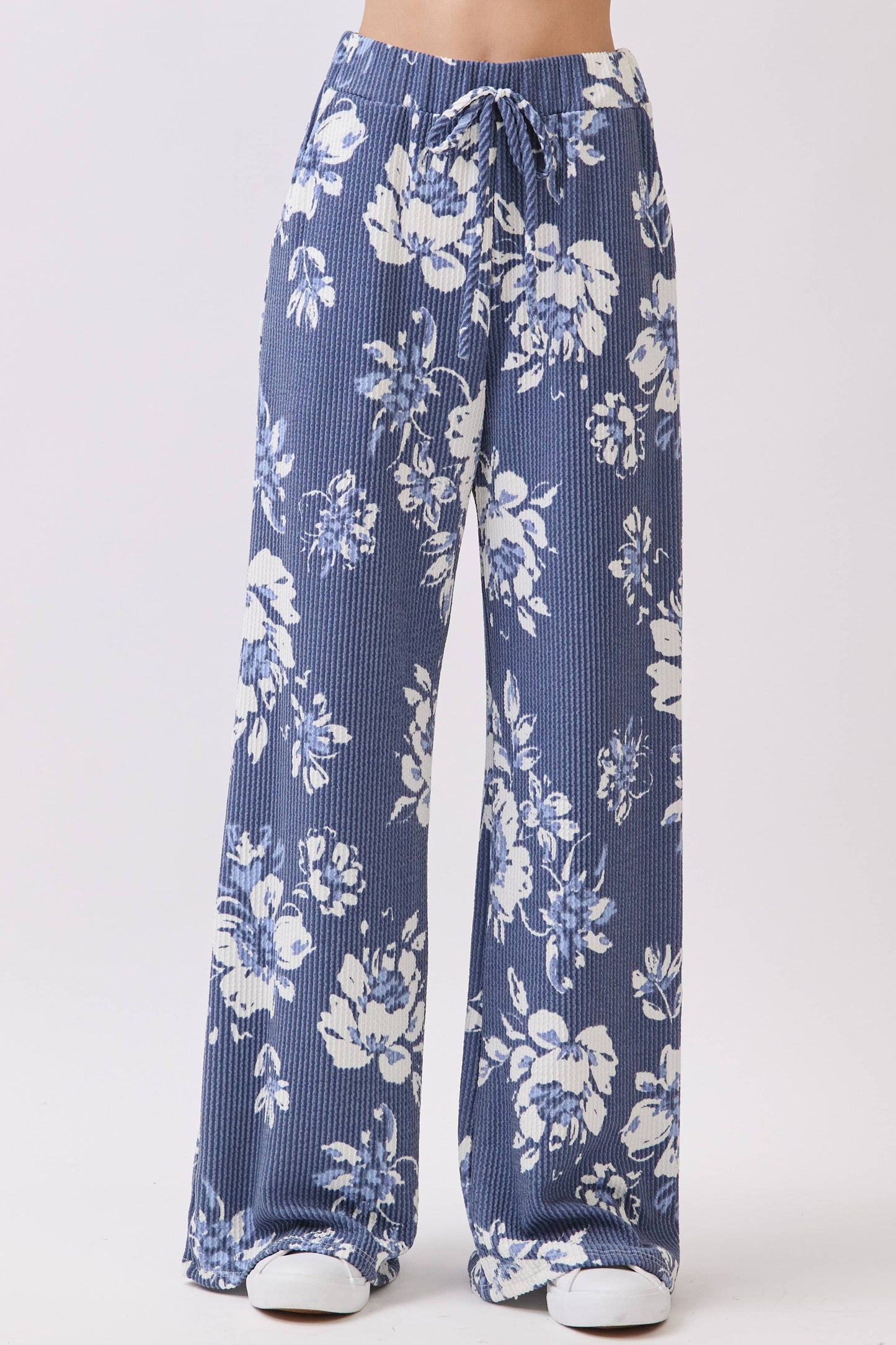 Floral Rib Knit Wide-Leg Pants BLUE