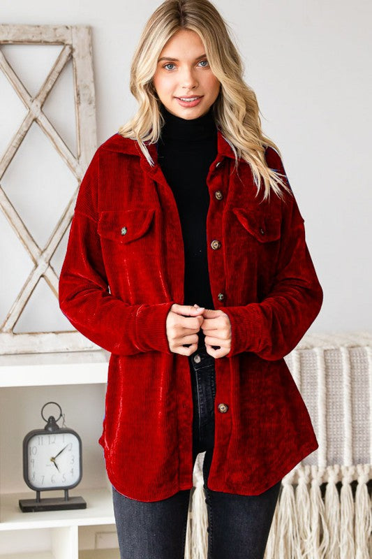 Solid Chenille Button Down Shacket RED