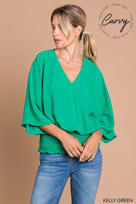 Smocked Waist Wrap Kimono Top K GREEN