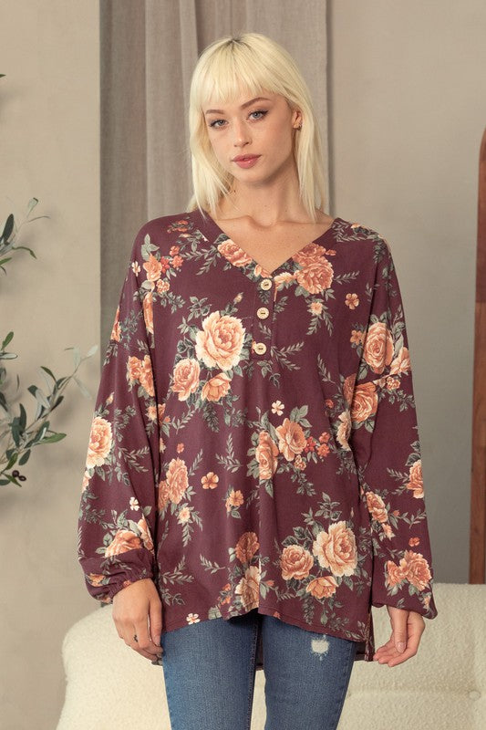 Kaila Floral V Neck Pullover BURGUNDY