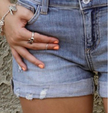 Load image into Gallery viewer, Light Blue Distressed Denim Shorts
