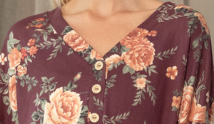 Kaila Floral V Neck Pullover BURGUNDY